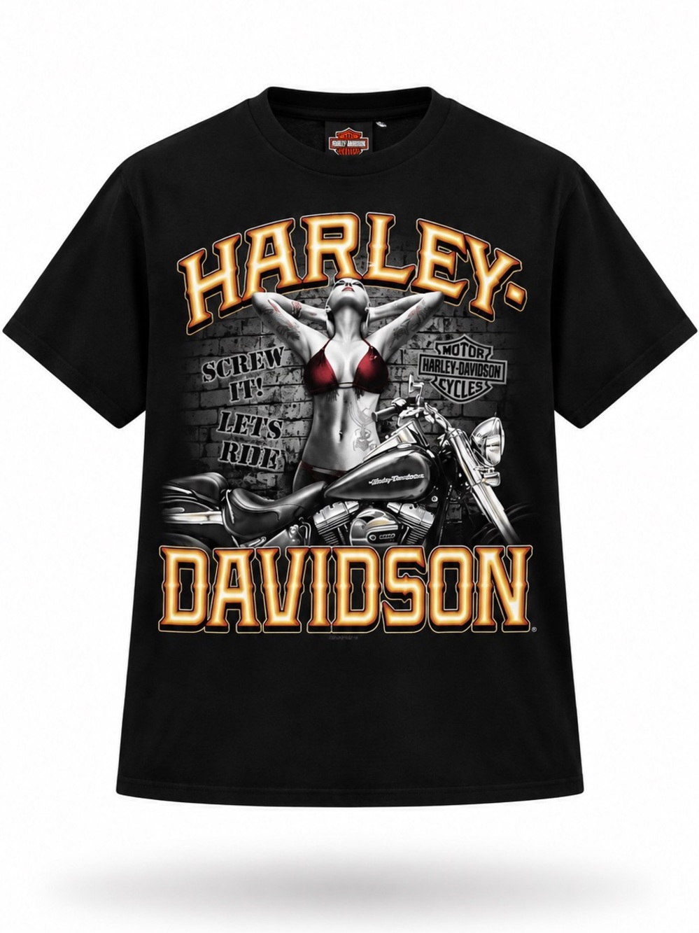 Harley-Davidson | L | Black Tee with Gold Lettering and Red Accent Graphic